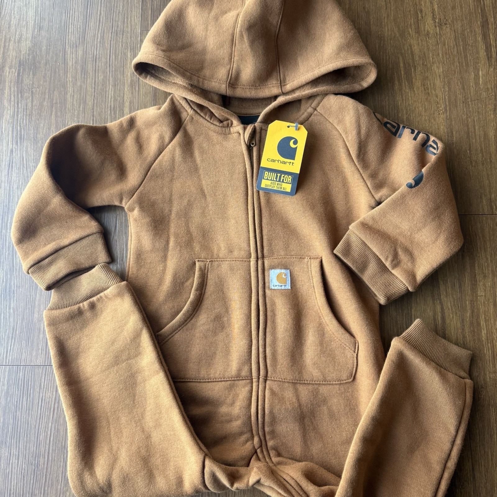 Carhartt Fleece Coverall Boys 18 Months Brown Hooded One Piece Bodysuit Zip Fron
